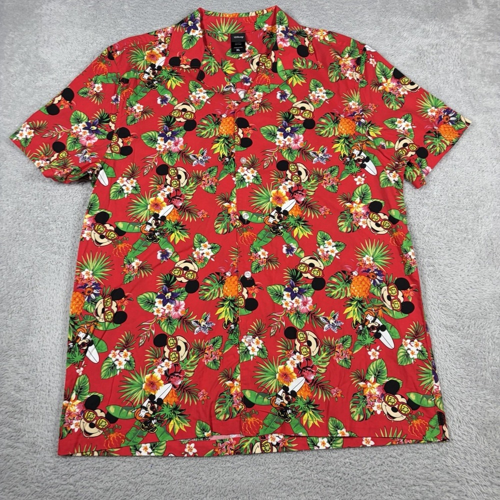 Disney Hawaiian Shirt Mens XL Red AOP Mickey Mouse Tropical Aloha Surfing Camp